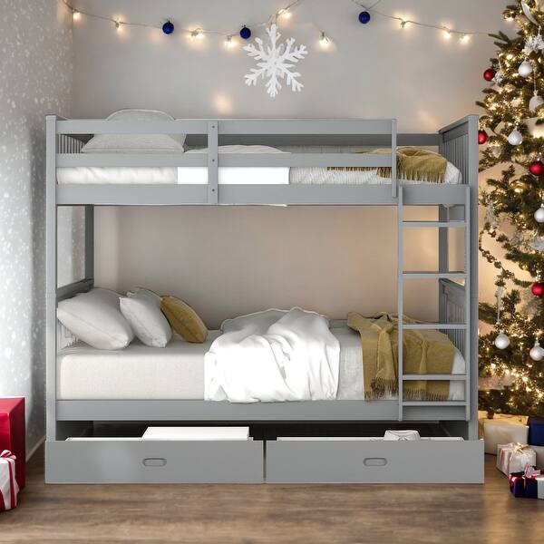 slide 2 of 12, Full-Over-Full Bunk Bed with Ladders and Two Storage Drawers Grey