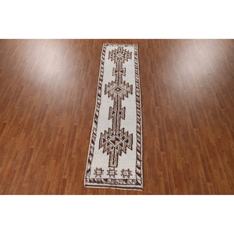 Natural Dye Geometric Anatolian Runner Rug Hand-knotted Wool Carpet - 3'0"x 12'6"
