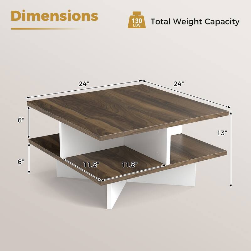 Stylish 2-Tier Multi-Functional Coffee Table with Storage Shelves and Cross-Shaped Base for Home Use - 24" x 24" x 13"