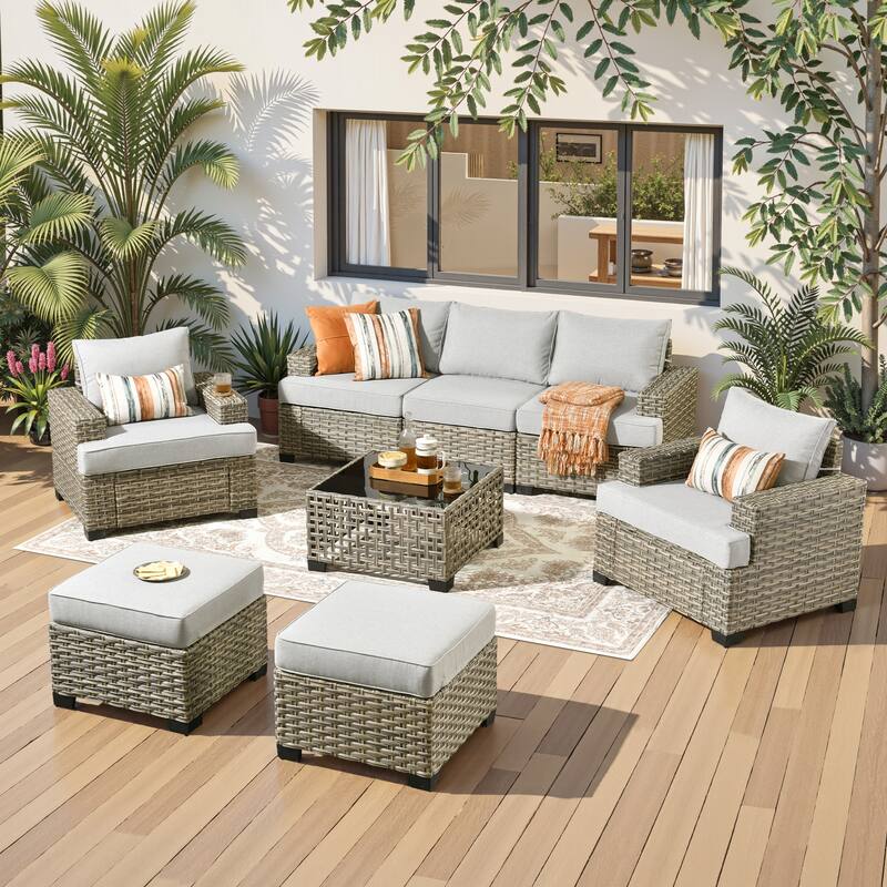 HOOOWOOO 8-piece Outdoor Wicker Patio Furniture Set with Coffee Table - Grey