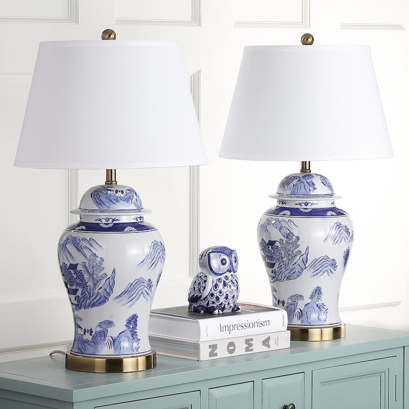 SAFAVIEH Lighting 29-inches Shanghai Blue/ White Ginger Jar (Set of 2) - 17"x17"x29.5"