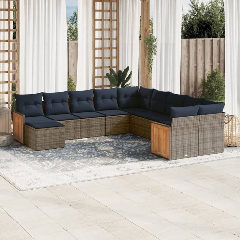 vidaXL 11/12 Piece Patio Sofa Set with Cushions Black/Gray Poly Rattan - 21.7 x 24.4 x 27.2 - Gray Without table