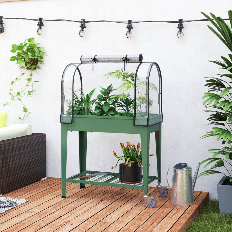 Outsunny Raised Garden Bed with Greenhouse Cover, Large Metal Outdoor Elevated Planter Box with Lockable Wheels