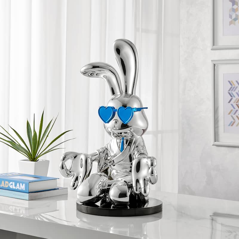 Sitting Bunny with Tie and Glasses Resin Handmade Sculpture - N/A - Blue