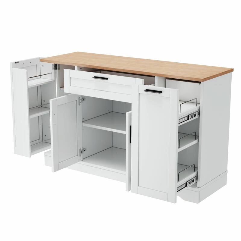 Multi-Functional Storage Sideboard & Extendable Dining Table with Adjustable Shelves, 3-Tier Pull-Out Rack