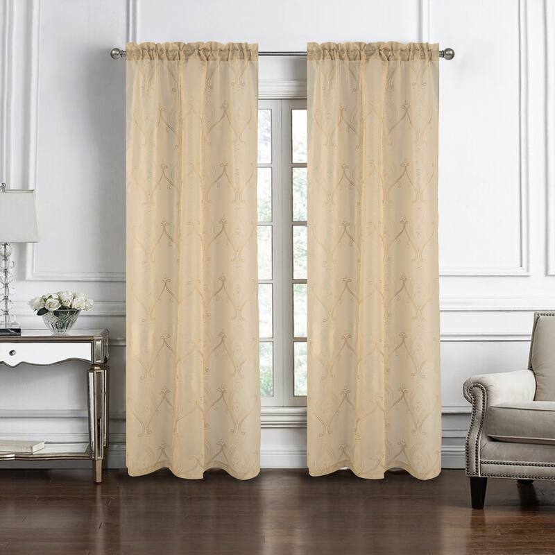 Pearl Embroidered Damask Window Curtain Panel Pair - Taupe