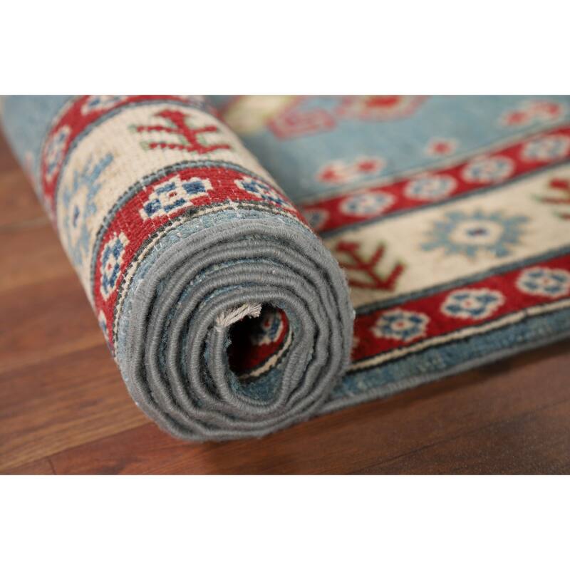 Light Blue Kazak Runner Rug Hallway Hand-Knotted Wool Carpet - 2'10" x 15'2"