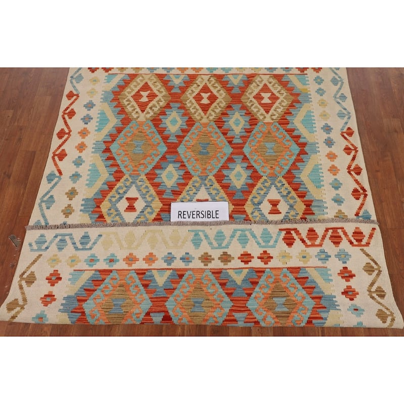 Kilim Reversible Oriental Area Rug Hand-Woven Wool Carpet - 4'10"x 6'5"