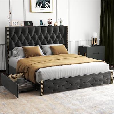 Full Size Bed Frame with 2 Storage Drawers and Wingback Headboard