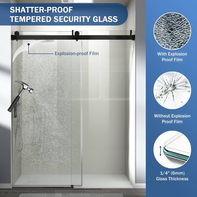 ABRUZZO 56-60" W x 76" H Frameless Soft-Closing Single Sliding Shower Door 1/4" (6mm) Explosion-Proof Tempered Glass