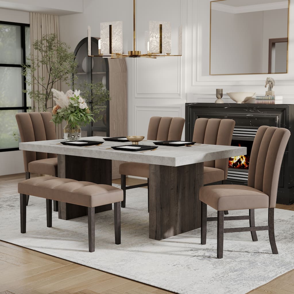 Roundhill Furniture Sorlen 6-Piece Dining Set, 3D Faux Concrete Table with 4 Chocolate Fabric Chairs and a Bench