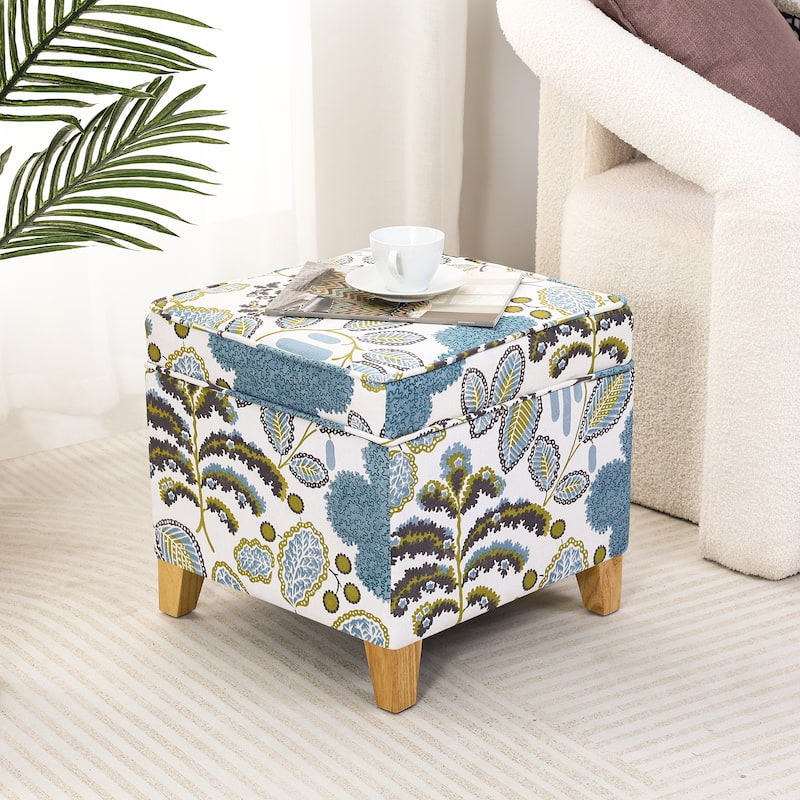 Adeco Square Storage Ottoman 17 inch Footstool - Blue-Floral-Linen