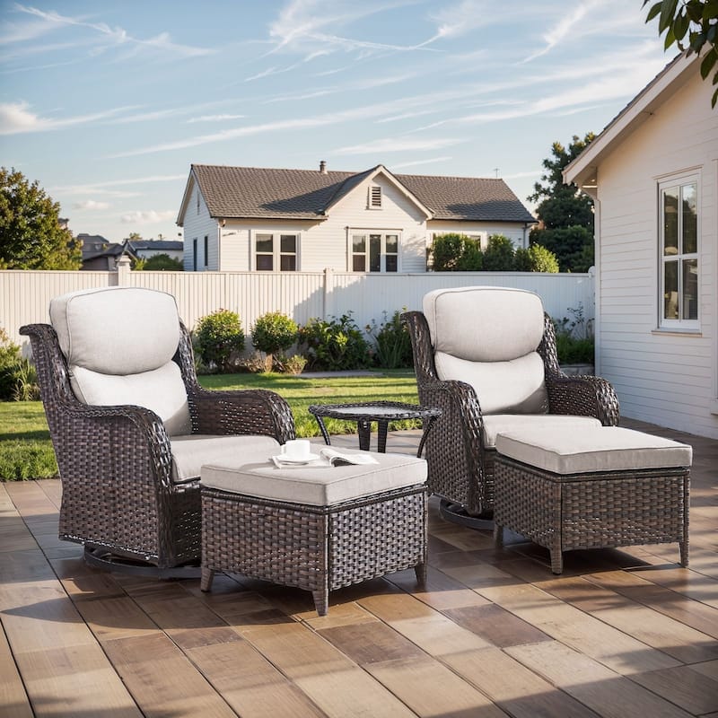 Outdoor Gliders Chairs Swivel Chair Set with 5-Inch Thick Cushions - Brown Rattan - Beige Cushion - 5PCS Swivel Chairs Table with Ottoman