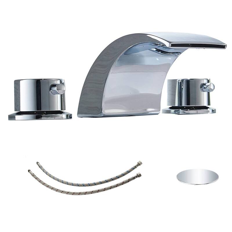 LED Widespread Bathroom Faucet With Drain Assembly 3 Holes Waterfall Bathroom Sink Faucets WIth Light 2 Handle Basin Vanity Tap