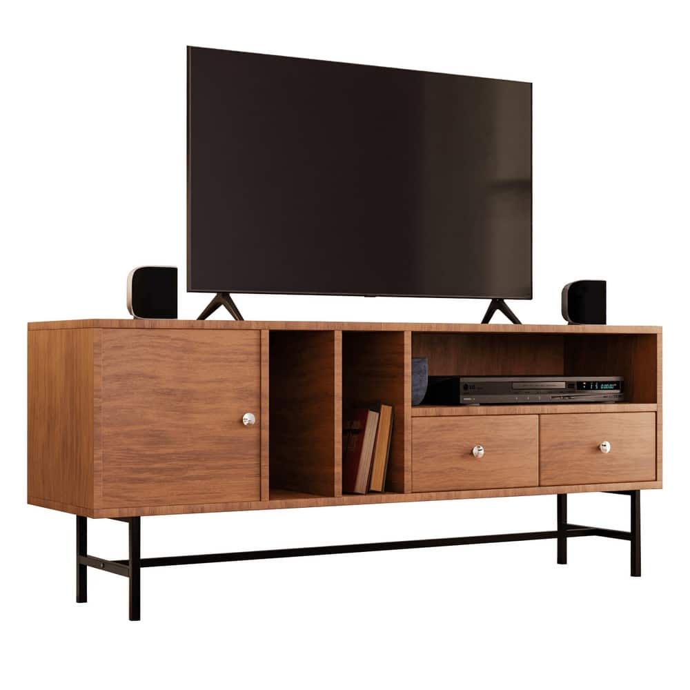 Rochester Multifunctional 60" Modern Wood TV Stand with 2 Drawers, Open Shelves, Enclosed Cabinet, and Powder Coated Steel Legs