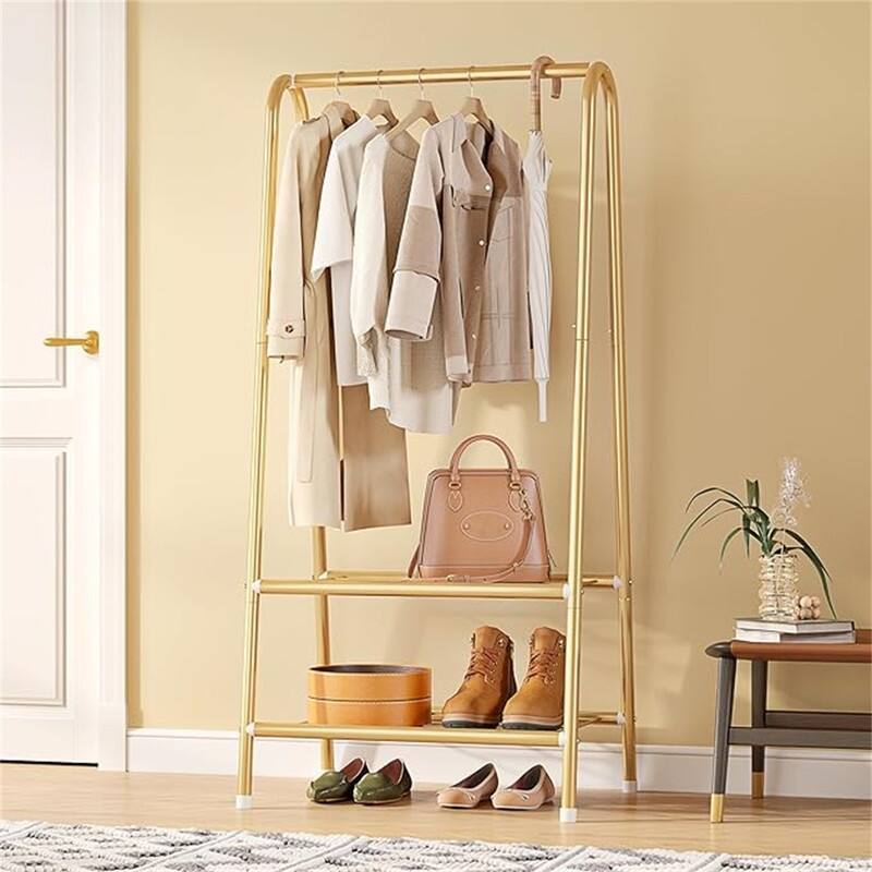 Metal Clothing Coat Rail with Double Layer Shelf for Storing Clothes - 13.8"D x 24.4"W x 62"H - Gold