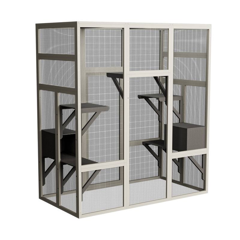 Large Gray Wooden Cat Enclosure with 5 Platforms & 2 Resting Boxes