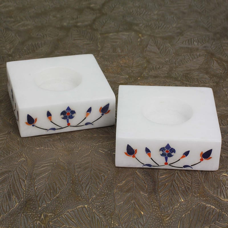 Novica Handmade Blooming Buds In Blue Marble Tealight Holders (Pair)