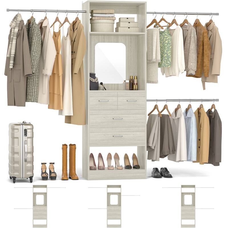 48"-96" W Wooden Closet System with 4 Wooden Drawers and Mirror, Walk-in Closet Organizer with 4 Adjustable Hanging Rods