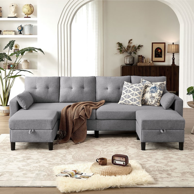 101" Sectional Sofa with Storage Ottoman - Light Grey - U Shaped