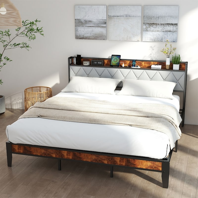 King Size Bed Frame with Charging Station and Storage Shelf, Metal Platform Bed with Headboard, No Box Spring Needed - Brown - Full