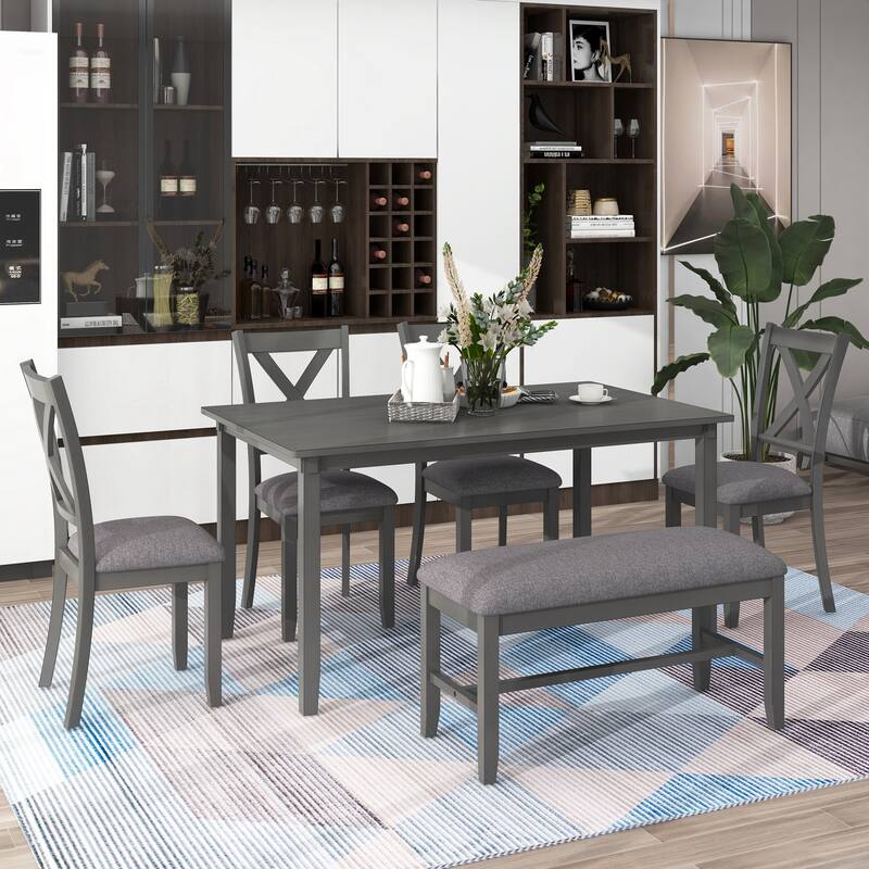 Traditional 6-Piece Wooden Dining Table Set with 4 Upholstered Chairs and Bench
