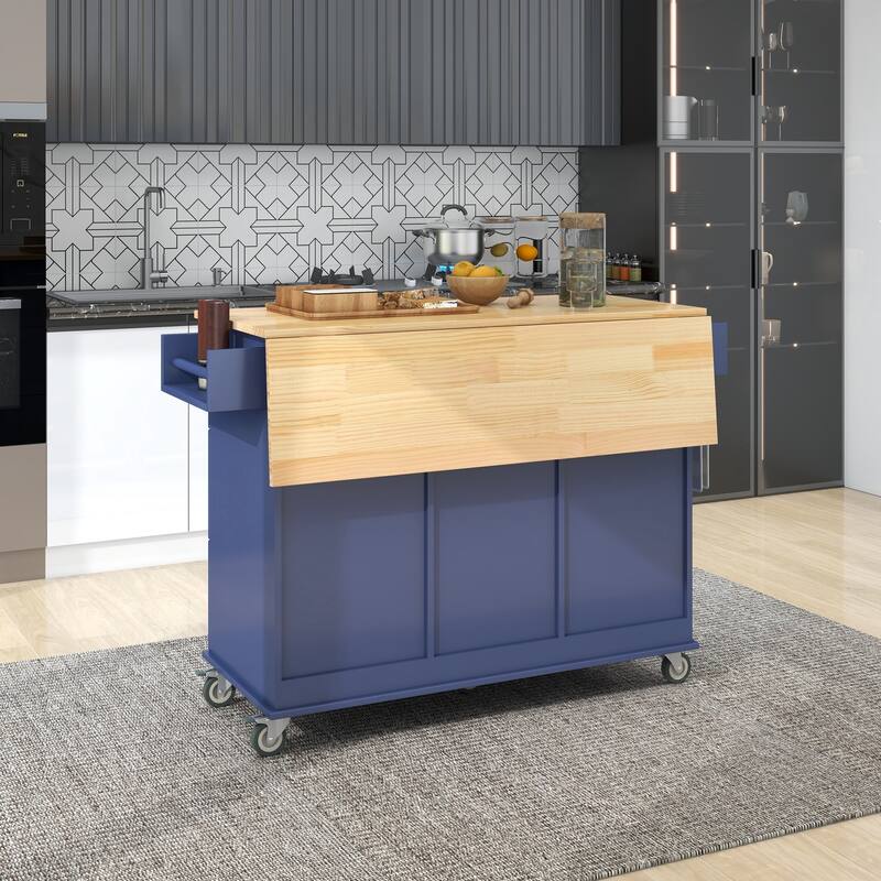 52.76'' Solid wood Kitchen Island with Locking Wheels, Drop Leaf, Adjustable Shelf and 3 Drawers - 52.76'' x 29.5'' x 36.81''