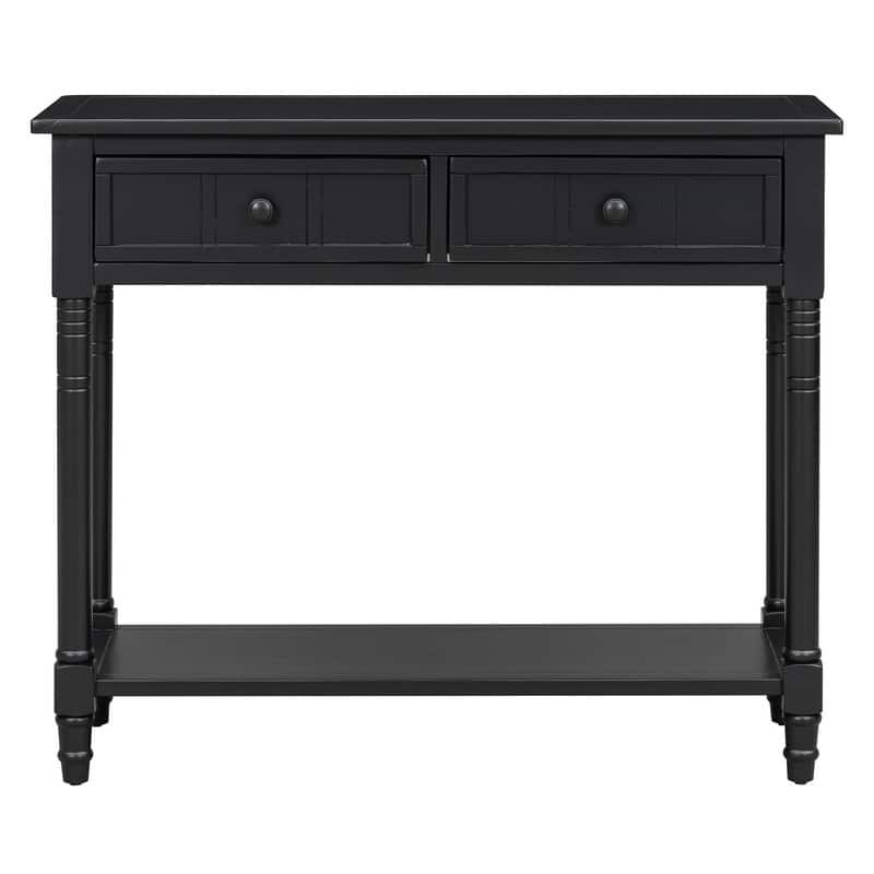 Narrow Console Table, Traditional Pine Wood Design with 2 Drawers and Bottom Shelf for Living Spaces