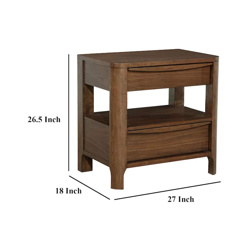 Rie Nightstand w 2 Drawers and Lower Shelf, Walnut Brown Poplar Wood