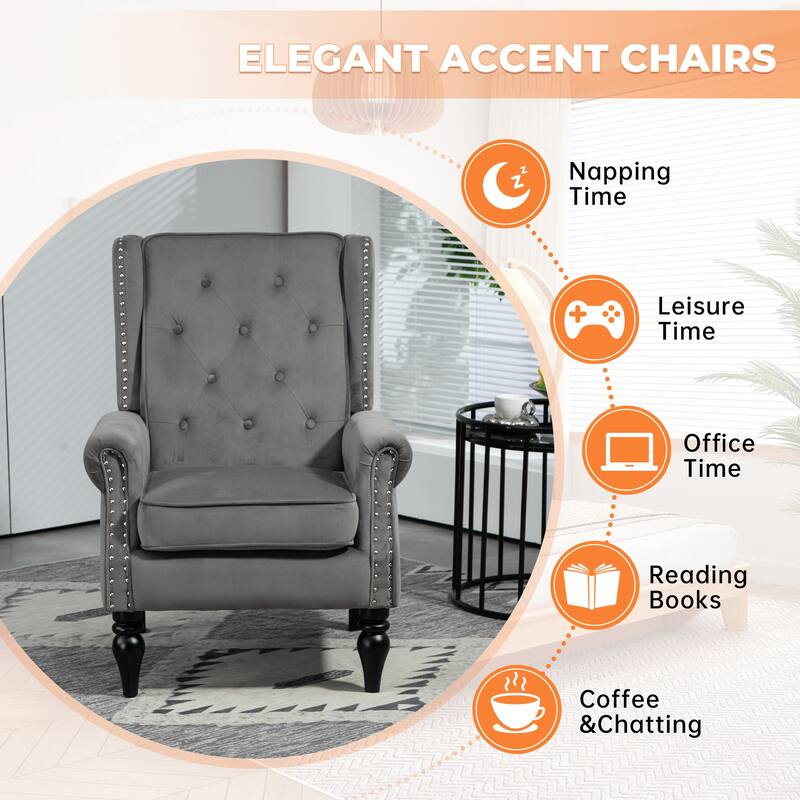 Mid-Century Velvet/Leather Upholstered Tufted Wood Frame Armchair
