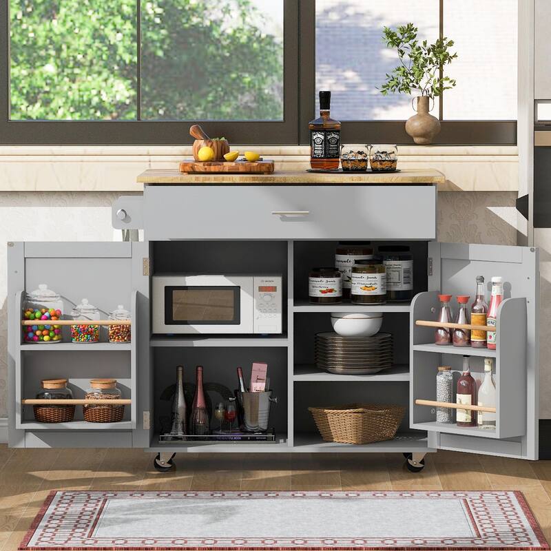 Kitchen Island with Rubber Wood Top, Spacious Drawer, Internal Storage Rack, Wheels