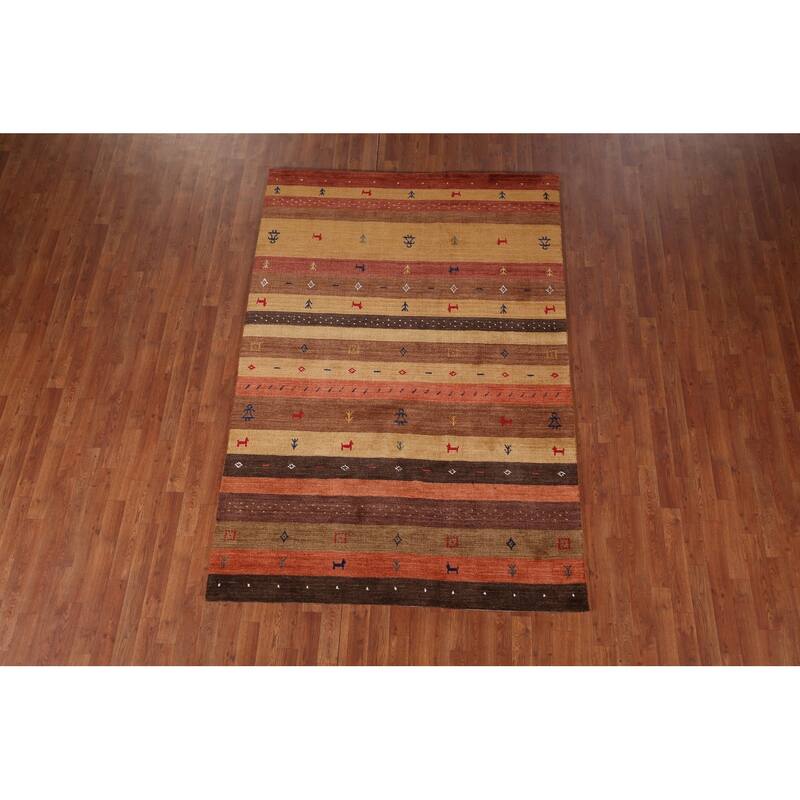 Striped Gabbeh Indian Area Rug Hand-Knotted Wool Carpet - 5'3"x 7'10"