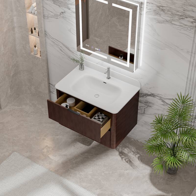 Modland Fluted Floating Vanity with Sink, Plywood Wall Mount Cabinet, Curved Edge, 24/30/36 Inch