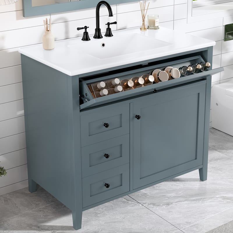 Roomfitters 36" Bathroom Vanity with Sink, Solid Wood Legs, 4 Drawers & Cabinet with Adjustable Shelf