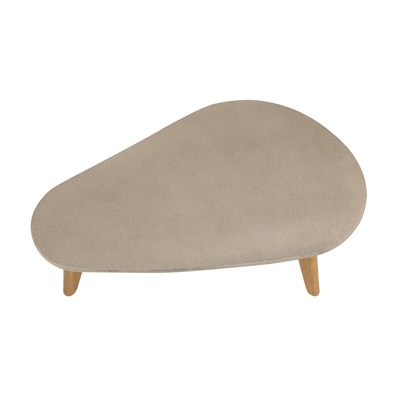 Gray Concrete Inspired Oval End Table Outdoor Accent Table with Brown Tapered Wood Legs