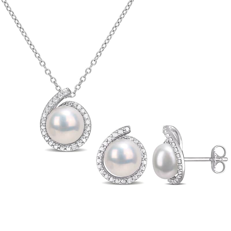 Miadora 8-8.5mm Cultured Freshwater Pearl Diamond Earrings and Necklace Set Sterling Slver