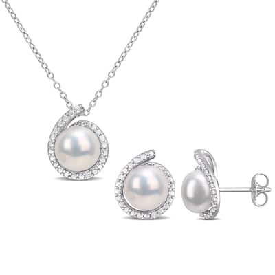 Miadora 8-8.5mm Cultured Freshwater Pearl Diamond Earrings and Necklace Set Sterling Slver