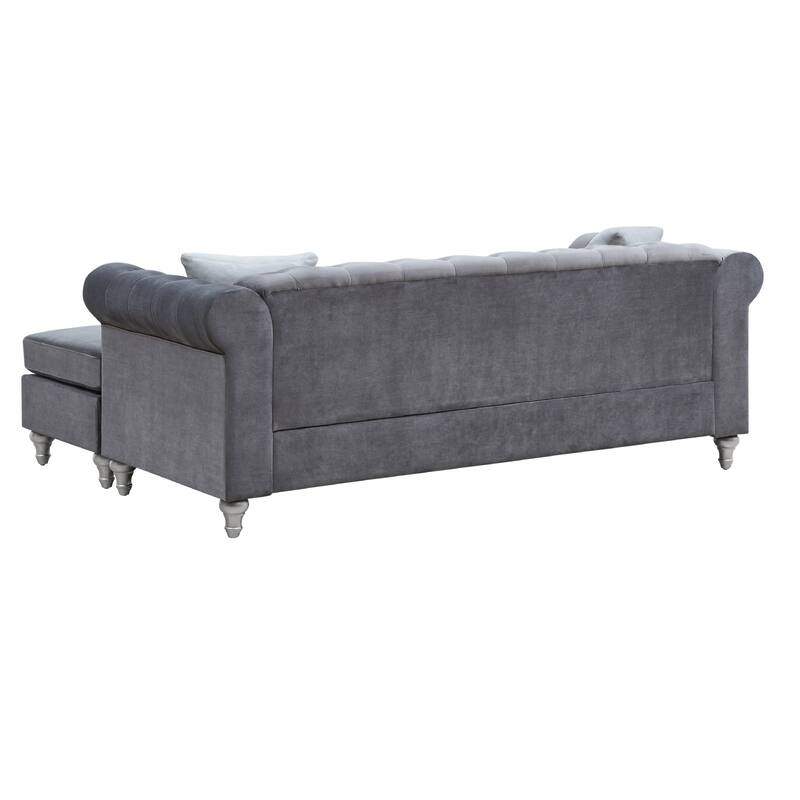 Tufted Faux Jewel Velvet 3-Seater Sofa with Throw Pillows - 82" - Gray