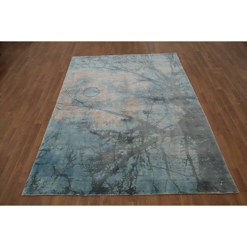 Hand Knotted Oriental Viscose Silk Carpet Modern Pictorial Navy Blue & Blues Abstract Area Rug - 7' 2'' X 5' 3''