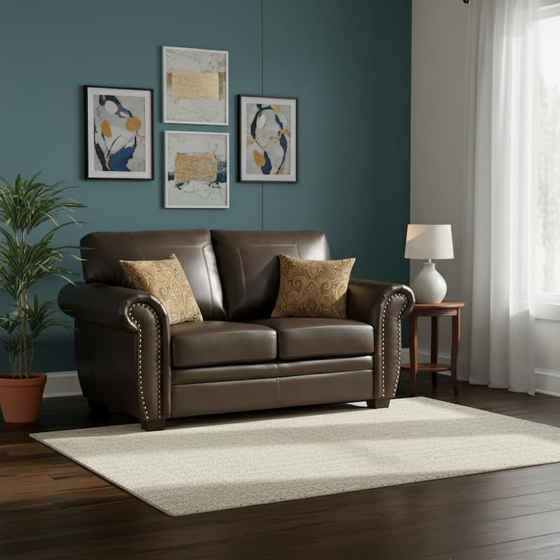 Louis Traditional Brown Italian Leather Stationary Loveseat - N/A