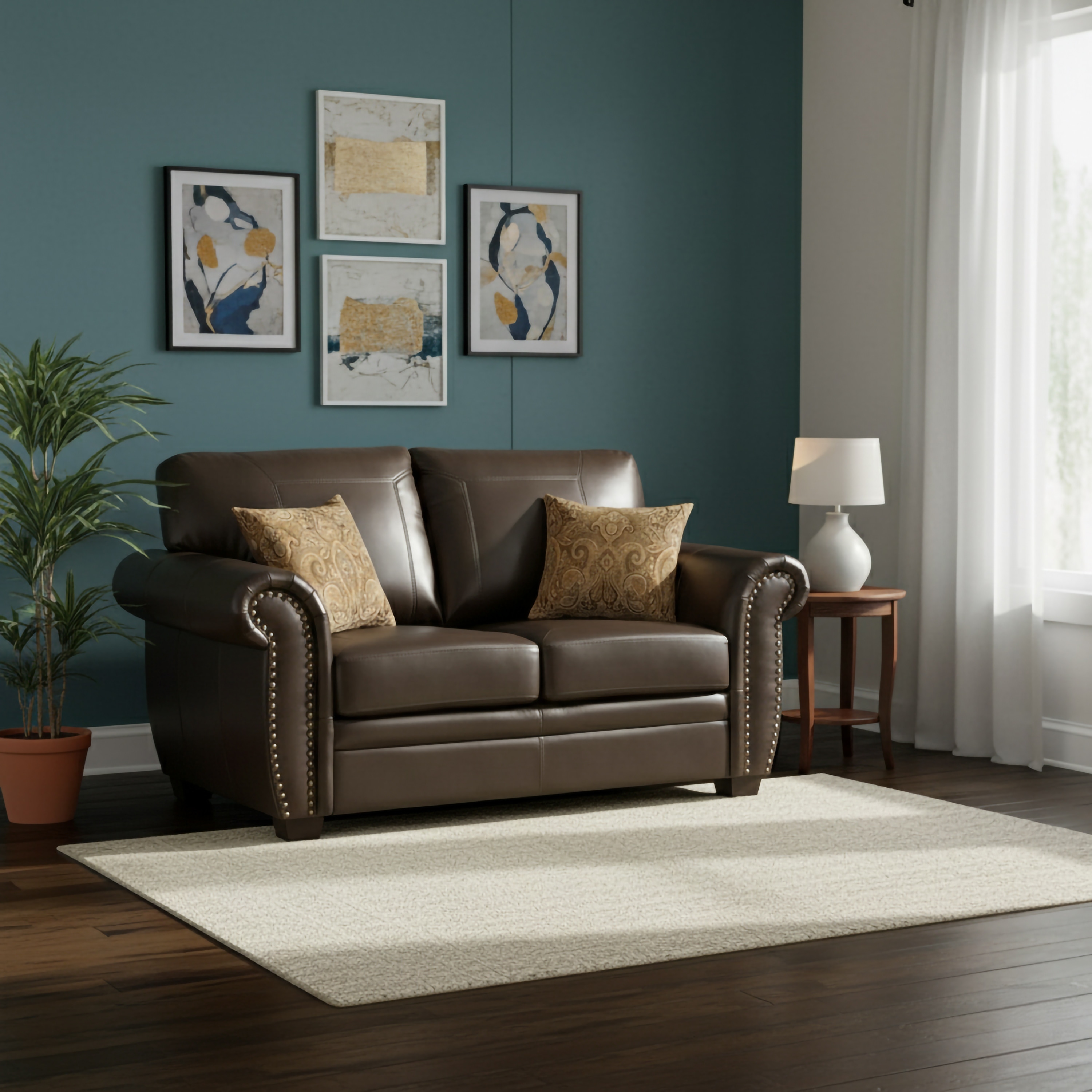 Louis Traditional Brown Italian Leather Stationary Loveseat - N/A
