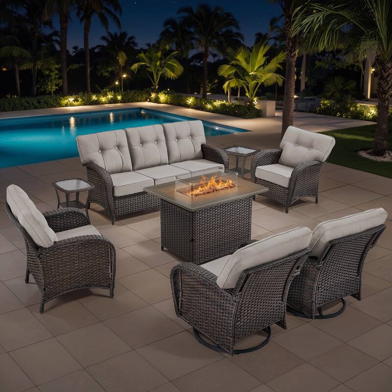 Gymojoy Outdoor Wicker Patio Furniture Sofa Set with 55,000 BTU Fire Pit Table, Swivel Chairs & Thick Cushions