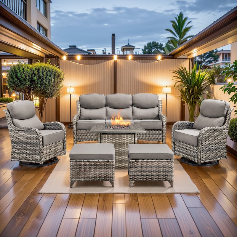 Pocassy Outdoor 6" Sofa Swivel Chair Ottoman with Fire Pit Table - Grey Wicker Gray Cushion - 6 Pieces Sofa Chair Ottoman with Fire Table