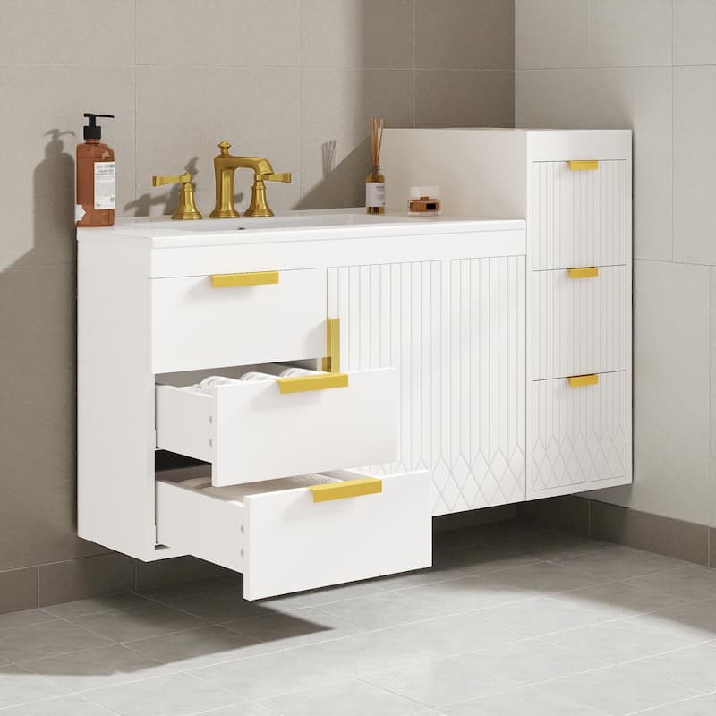 12" Wall Mounted Floating Bathroom Side Cabinet with Drawers, Modern MDF Storage Cabinet with L-Shape Handles