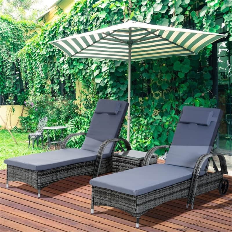 Mixed Grey Rattan Outdoor Lounge Set of 2 with Cushions, Table and Wheels - 78.75" L x 28.75" W x 40.5" H - Mixed Grey-Grey