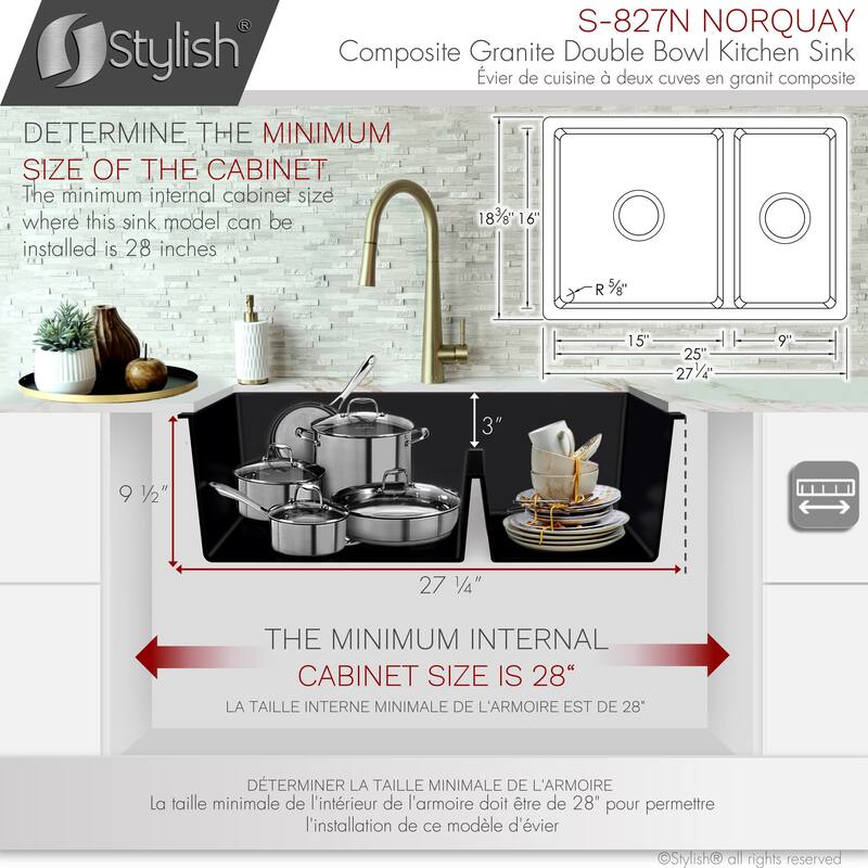 STYLISH 27 inches L x 18 inches W Double Bowl 60/40 Dual Mount Composite Granite Kitchen Sink - 27" x 18" x 9.5"