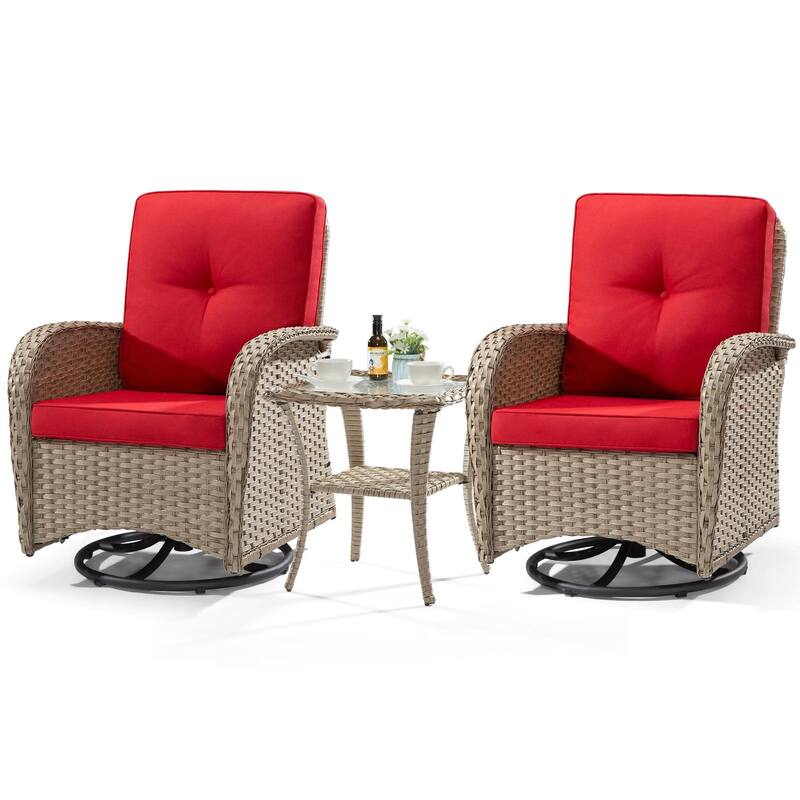 Cozywor 3-Piece Wicker Patio Swivel Outdoor Rocking Chair Conversation Set