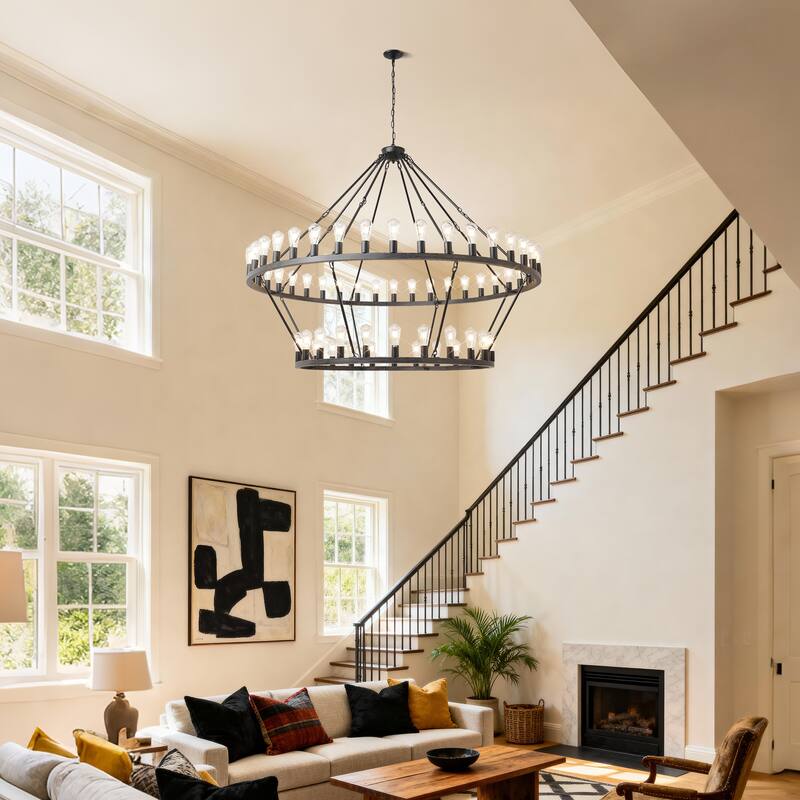 59.06 Inch Matte Black Wagon Wheel Chandelier 54-Lights(No Bulbs) - Black