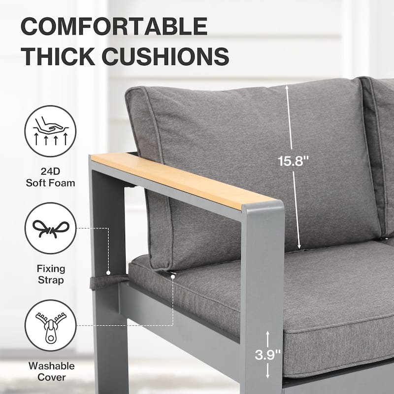Aoodor Outdoor Aluminum Frame Loveseat with Grey Cushions, 53"W x 26"D x 26"H
