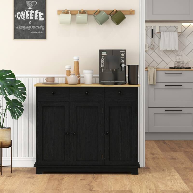 Sideboard with Solid Wood Countertop, Modern Kitchen Storage Cabinet, Coffee Bar Cabinet with 3 Drawers